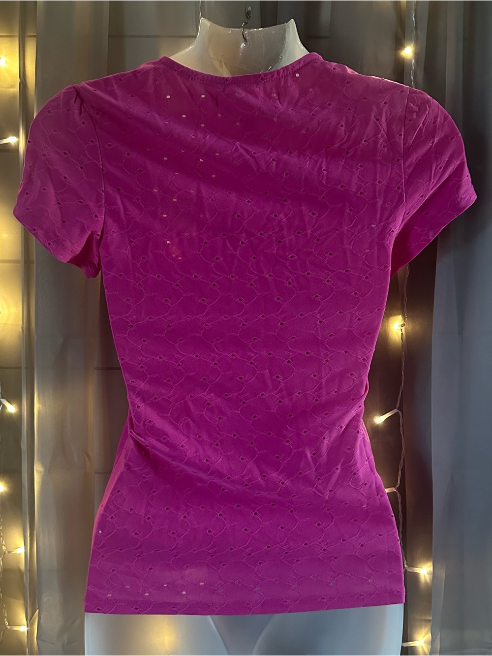 Eye Candy hot pink floral eyelet square neck T-shirt Sz S Y2K - Picture 2 of 5